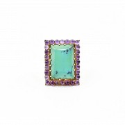 18k yellow gold ring with 28 amethysts and one natural turquoise.