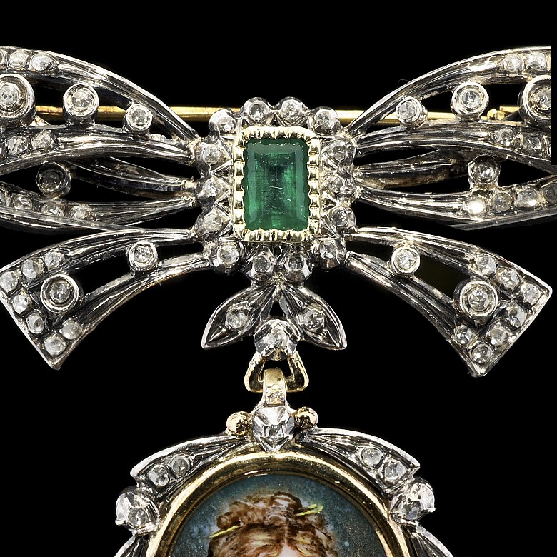 Broche con colgante de estilo isabelino, diamantes y esmeralda - 1