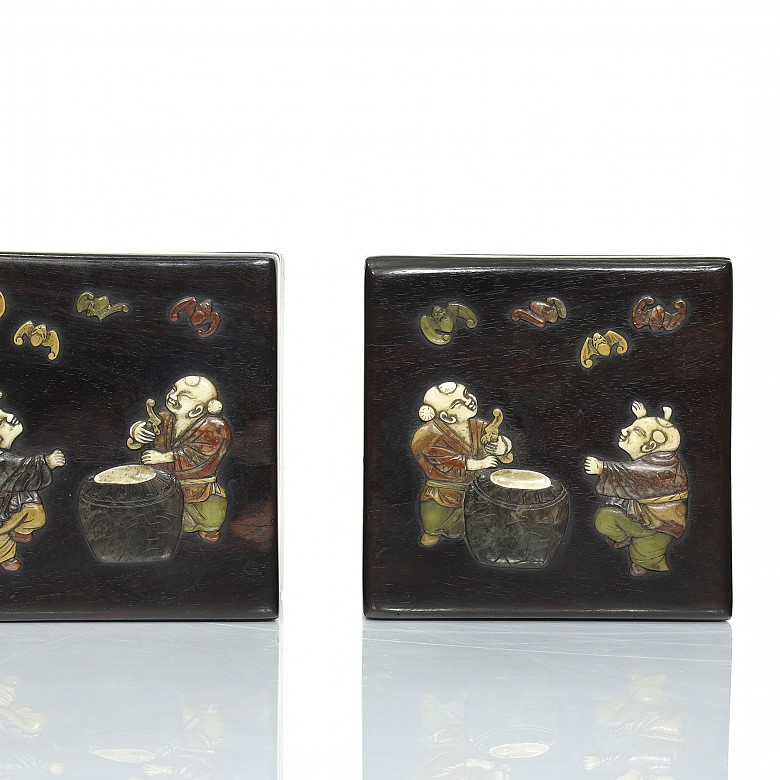 Pair of wooden boxes with inlaid wood, 20th century