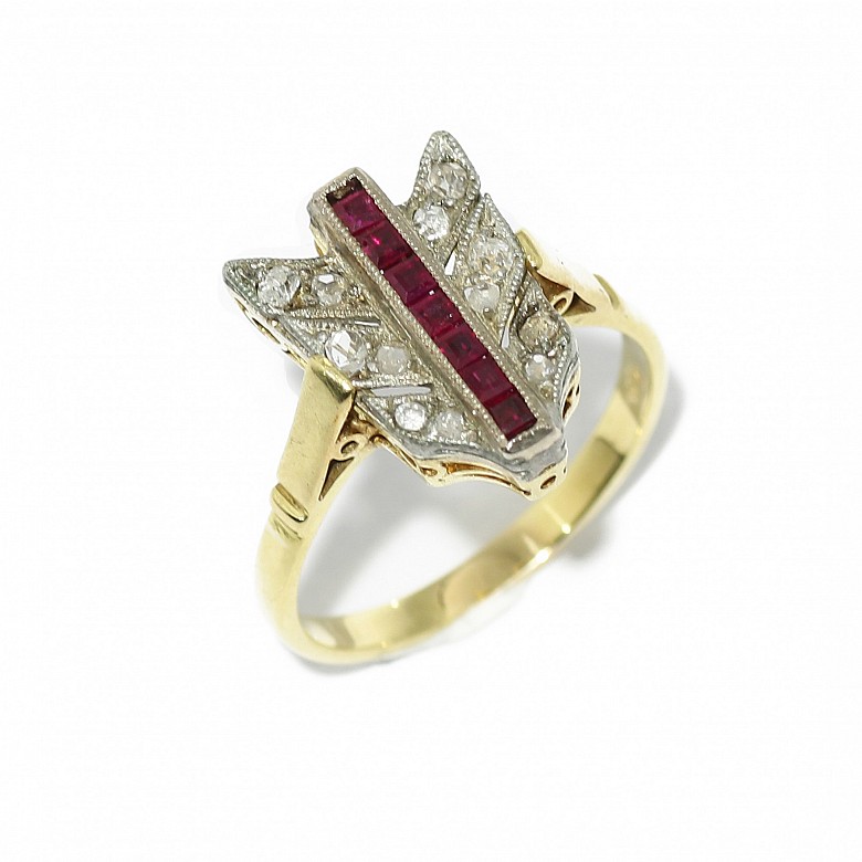 Shuttle ring with antique cut diamonds and rubies
