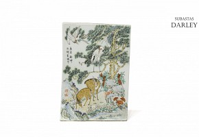 Porcelain enameled plate with deer and cranes, 20th century