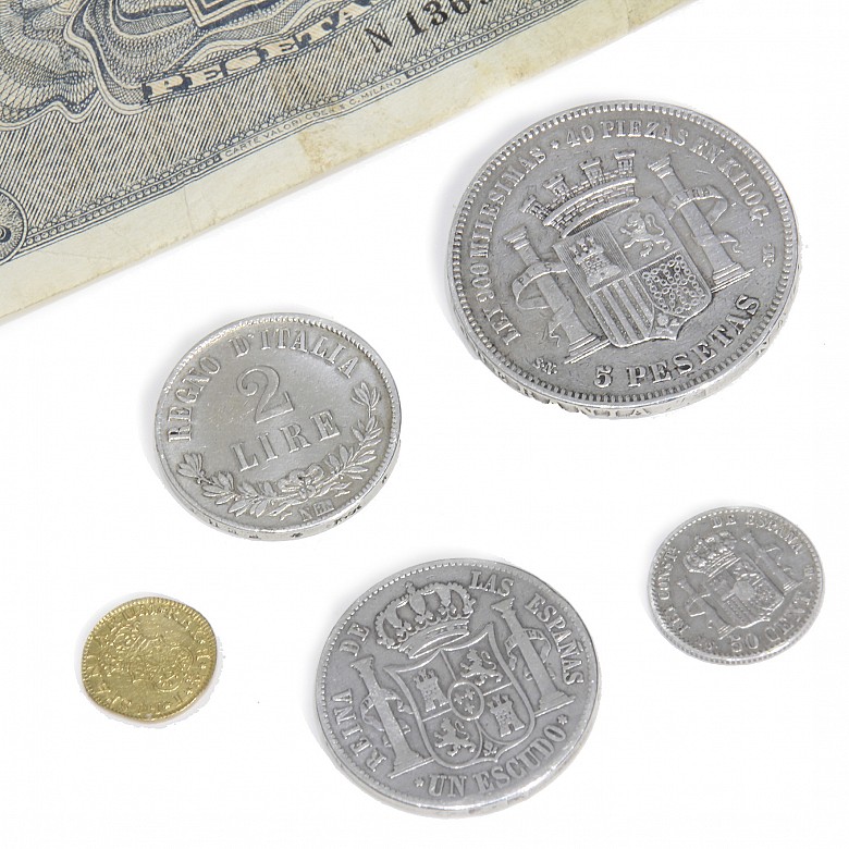 Lot of five coins and one banknote, 1751 - 1935.
