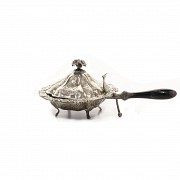 Silver brazier with wooden handle, med.s.XX