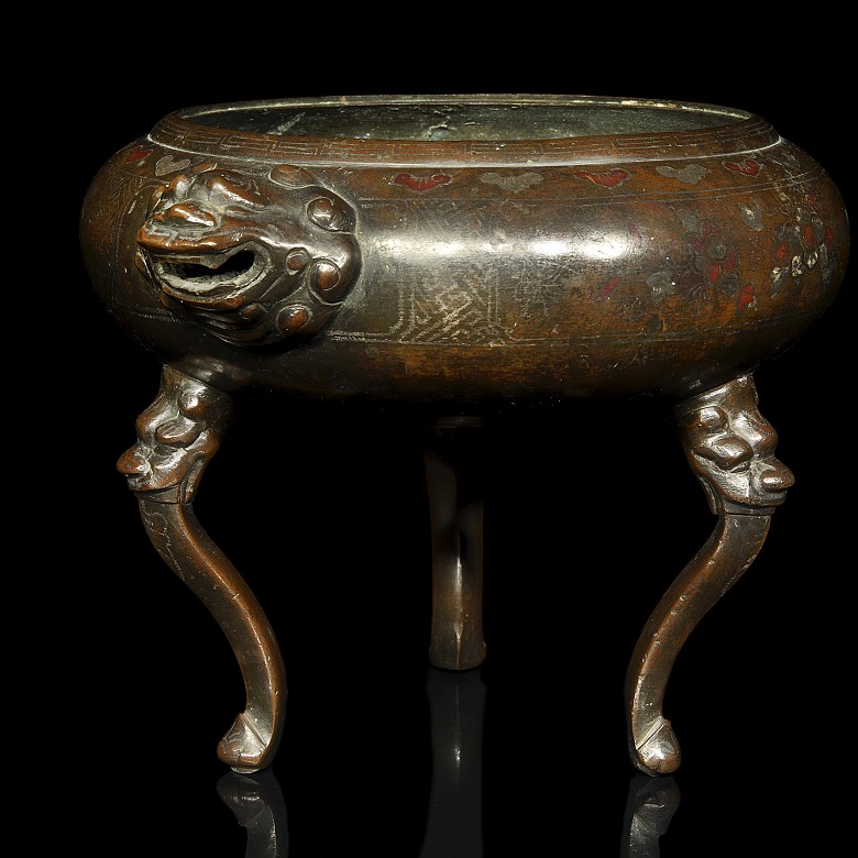 Inlaid bronze tripod censer, Qing dynasty - 1