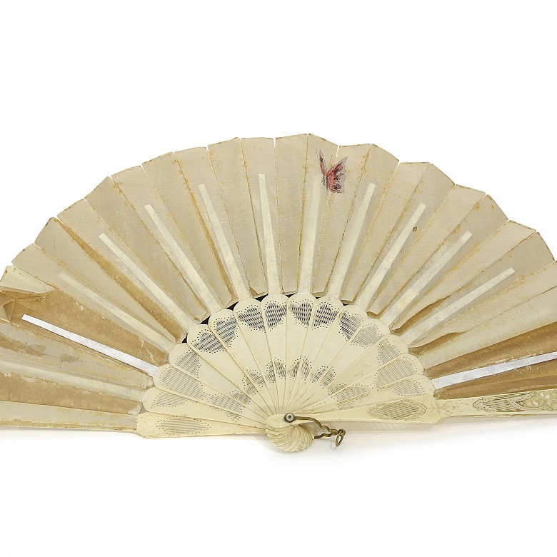 Abanico de hueso y seda pintada, S.XIX - XX