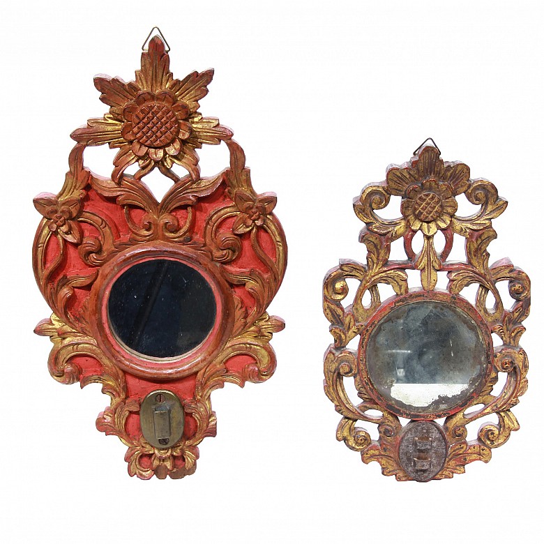 Pair of carved wooden mirrors, Peranakan, early 20th century