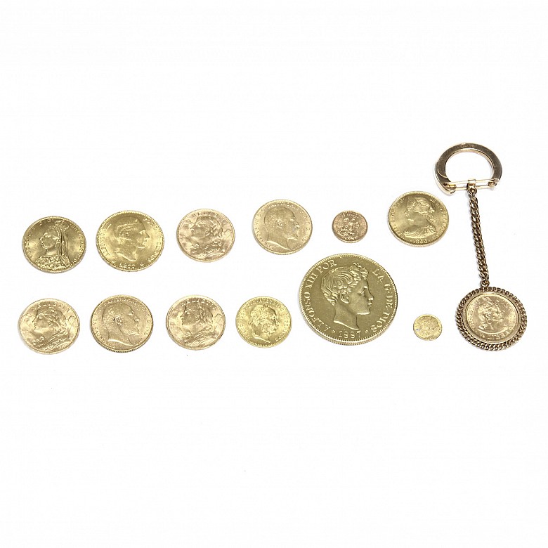 Group of thirteen gold coins, 1866-1947