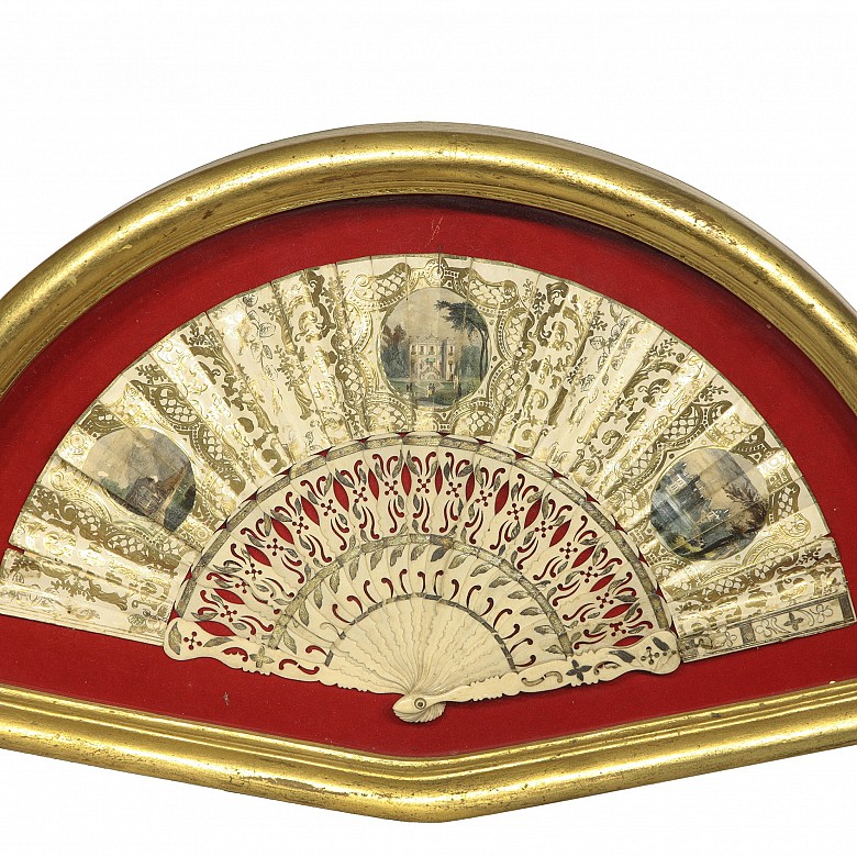 Bone fan and gilt-paper country, 19th century