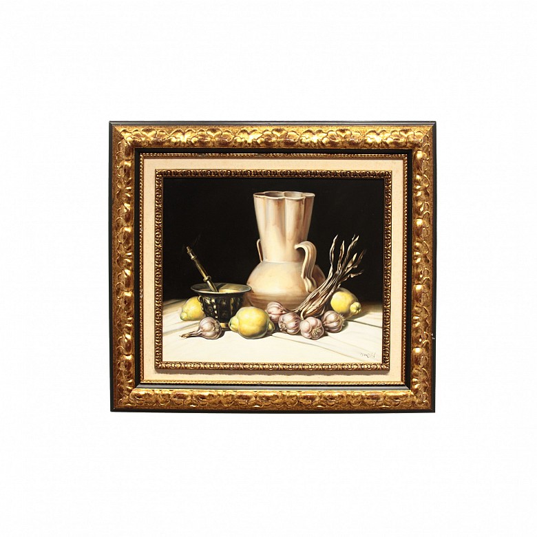 馬丁的畫作（20世紀）“用砂漿大蒜，檸檬和水罐的靜物畫”布面丙烯。