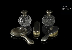 Glass and silver vanity set, mid-20th century