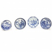 Four porcelain plates Compagnie des Indes, blue and white glazed, with landscape scenes, 19th centur