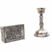Silver metal candle holder and box. - 1
