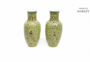 Pair of Chinese vases with yellow background, 20th century