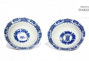 Pair of ceramic bowls in blue and white.