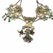 Gold plated silver Chinese necklace with jades and tourmaline.