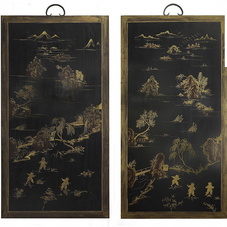 Pareja de paneles de madera lacada con jade, dinastía Qing.