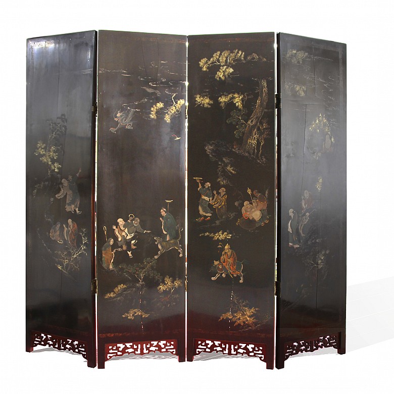 Biombo de cuatro paneles de madera lacada, Dinastía Qing, s.XIX