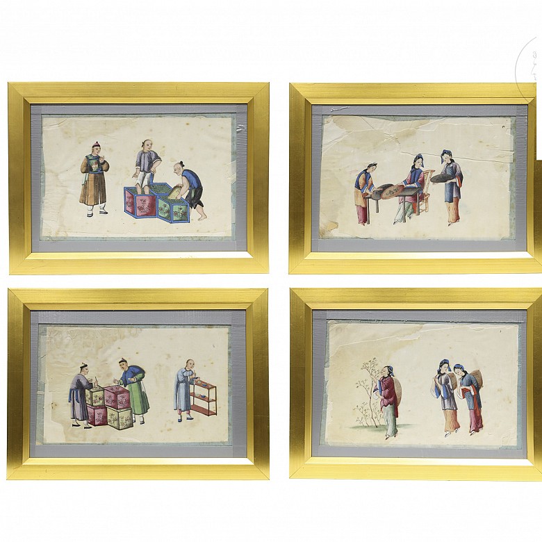 Cuatro pinturas sobre papel de arroz, Cantón, ffs.s.XIX - pps.s.XX