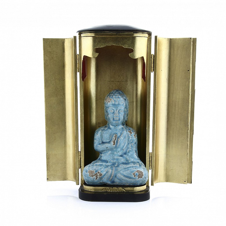 Buda de terracota vidriada en azul celeste, s.XX
