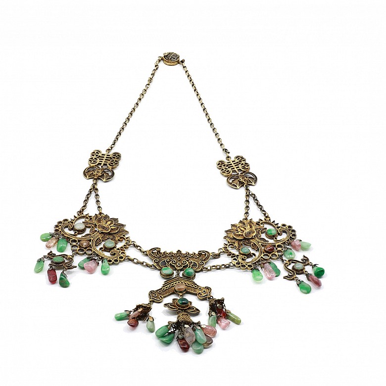 Gold plated silver Chinese necklace with jades and tourmaline.