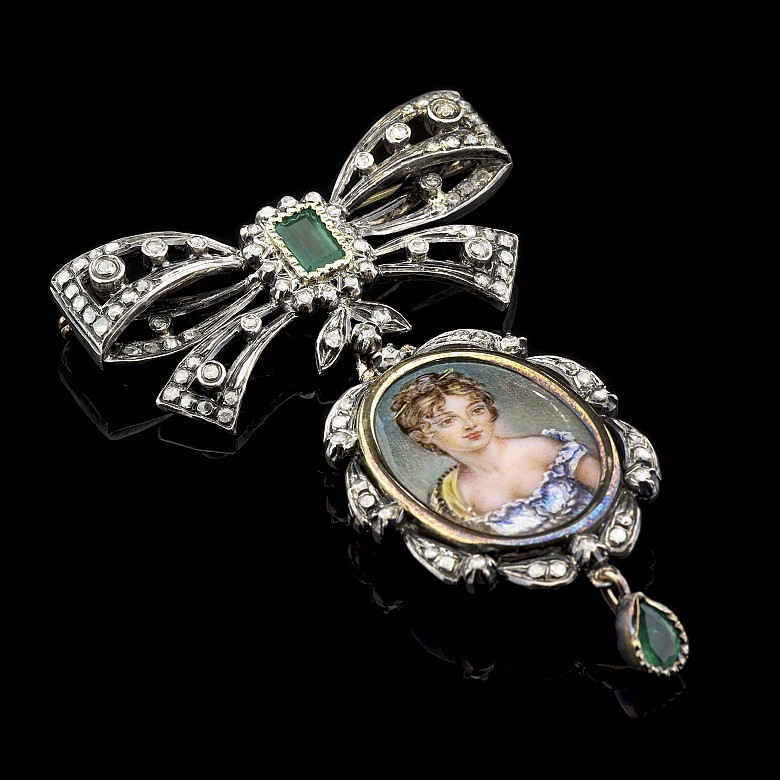 Elizabethan style, diamond and emerald pendant brooch - 4
