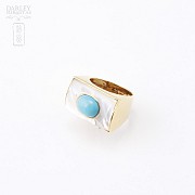 Ring natural turquoise and pearl in 18k gold amarillode - 3