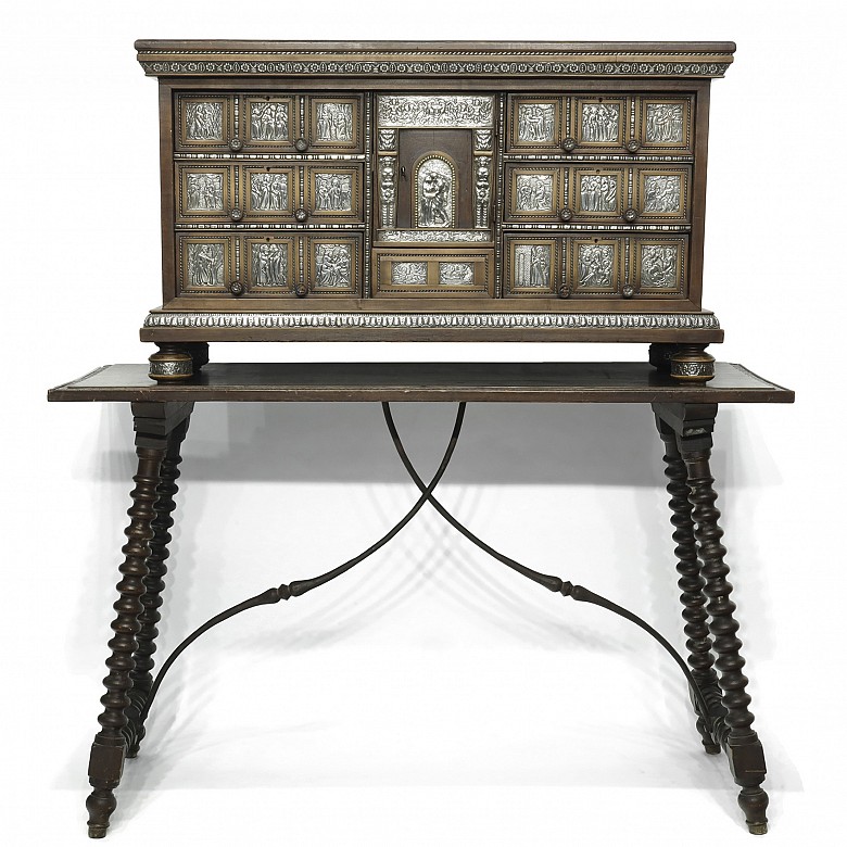 Bargueño decorated in silver on table, mid 20th century