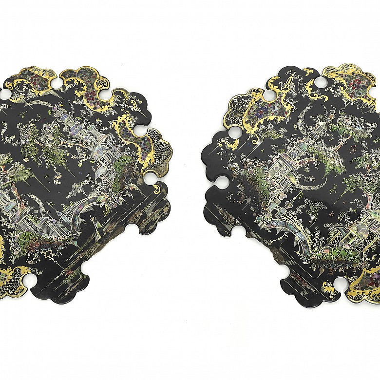 Pair lacquer fans with mother-of-pearl inlay, 20th Century - 2