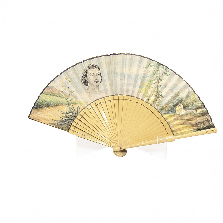 Fan with wooden linkage, painted fabric.