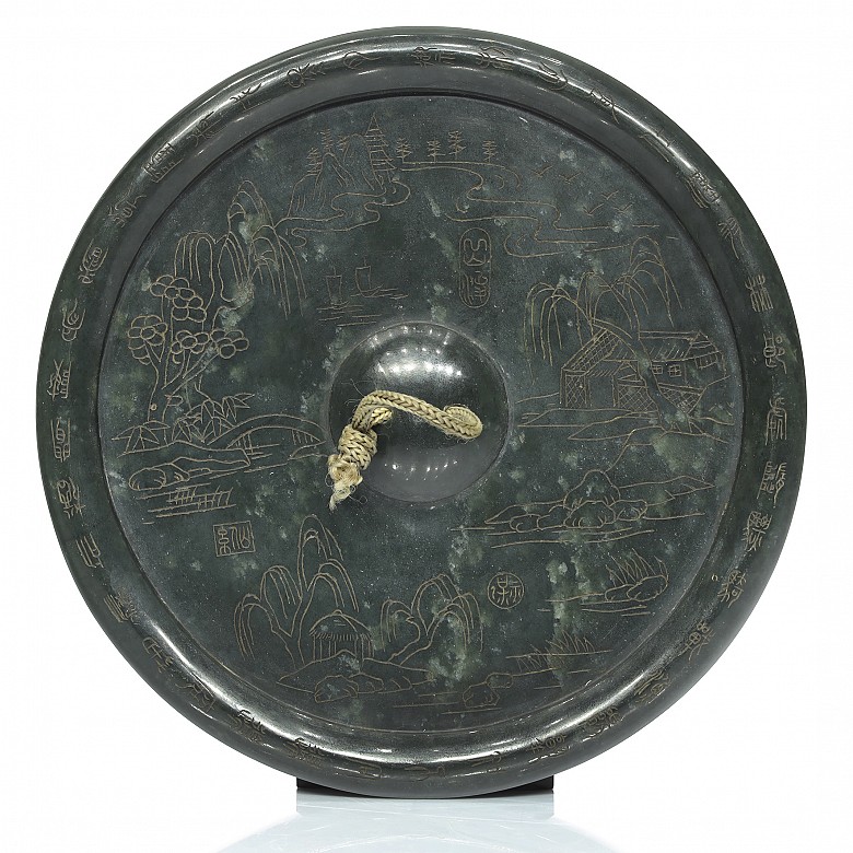 Jade mirror with inscriptions and landscapes, 20th century