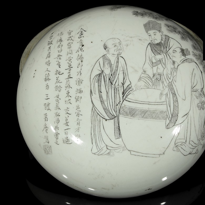 Caja de porcelana con poema y sabios, dinastía Qing