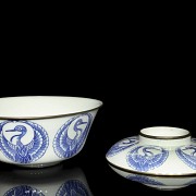 Large porcelain bowl with lid, blue and white, early 20th century