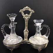 Carved glass cruet and oil pan with silver support. - 6