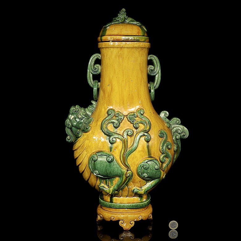 Gran jarrón de cerámica vidriada sancai, dinastía Qing - 8