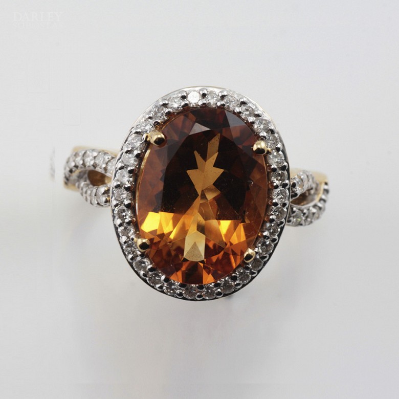 18k yellow gold ring with citrine and diamonds. - 5