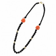 Onyx, coral and diamond bead necklace