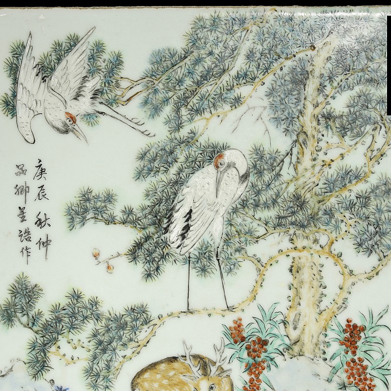 Placa de porcelana con ciervos y grullas, S.XX - 2