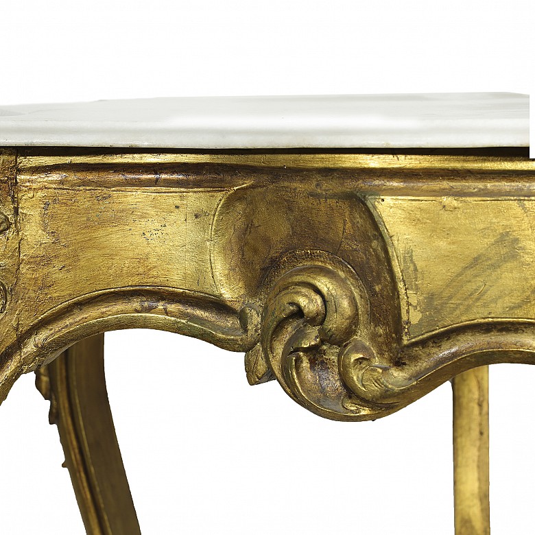 Consola de madera dorada con tapa de mármol, S.XX