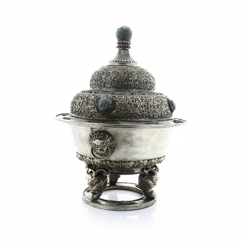 Censer of silver plated copper and inlaid with carved jade.