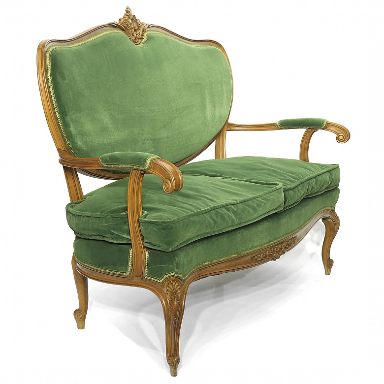 Tresillo y sillas tapizados en terciopelo verde, S.XX - 9