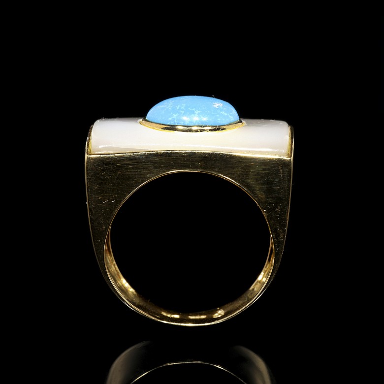 Turquoise and mother-of-pearl ring in 18k yellow gold - 3