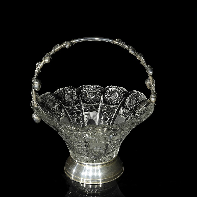 Centro de mesa en cristal tallado y plata española, med.S.XX - 2