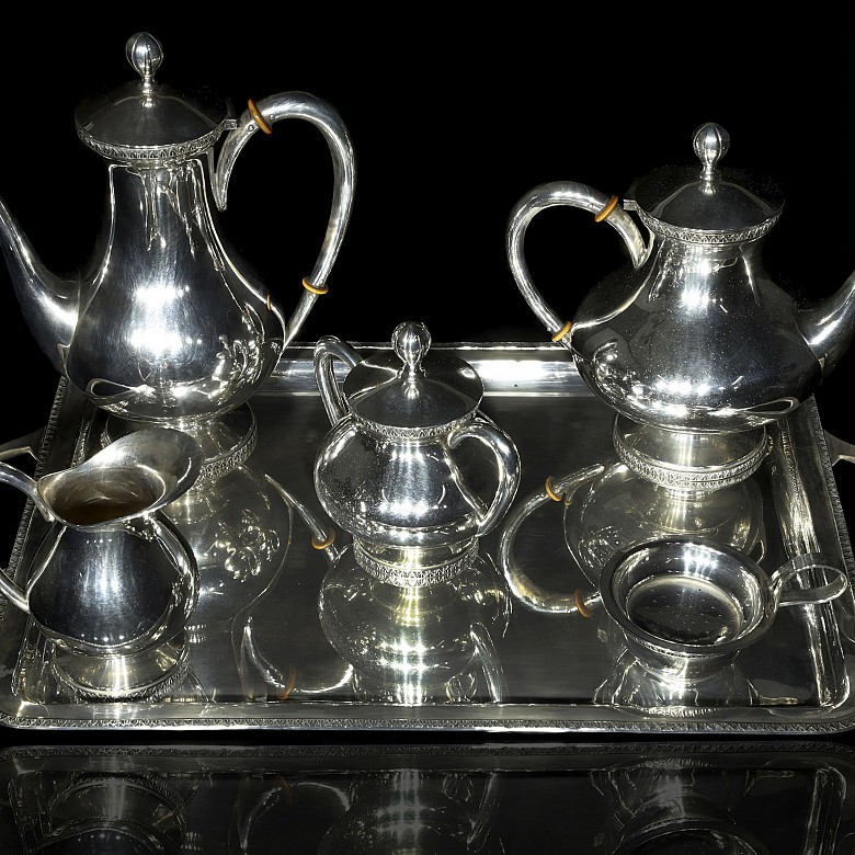 Tea set and marked silver tray, 20th century