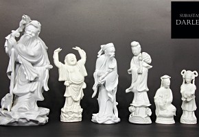 Group of six chinese white porcelain figures, 20th century.