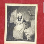 Grabado representando una dama sentada con su perro, s.XX