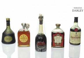 Set of five bottles of Brandy