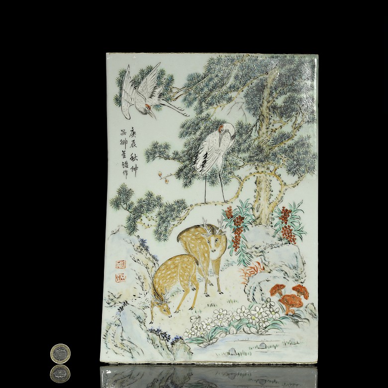 Porcelain enameled plate with deer and cranes, 20th century - 7