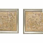 Vicente Andreu. Four wood carvings with frame, 20th century.