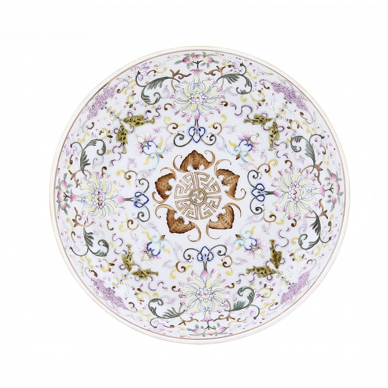 Enameled dish with lotuses and bats, 20th century
