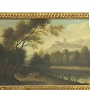 Gran espejo con paisaje y marco de madera, S.XX - 1